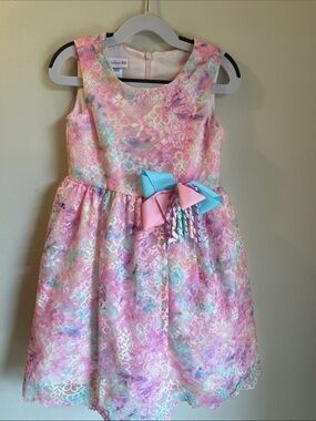 Bonnie Jean Pastel Pink & Aqua Lace Party Dress with Bow